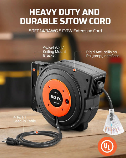 Heavy Duty 50 Ft Retractable Extension Cord Reel With 3 Grounded Outlets Lit Triple Tap 13 Amp Circuit Breaker 14AWG SJTOW Cord UL Listed