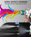 Pro Grade HVLP Spray Gun With Adjustable One Point Four One Point Seven And Two Point Zero Millimeter Tips delivering colorful paint spray effect.