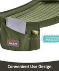Close-up of Double Quilted Fabric Hammock With Hardwood Spreader Bars And Pillow 450 Lbs Capacity Two Person Outdoor Patio Hammock for Backyard Poolside Green, showing side pocket with divider.