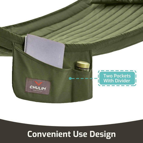 Close-up of Double Quilted Fabric Hammock With Hardwood Spreader Bars And Pillow 450 Lbs Capacity Two Person Outdoor Patio Hammock for Backyard Poolside Green, showing side pocket with divider.