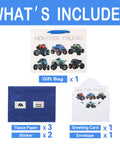 What's included in the Monster Truck Gift Bags Set With Greeting Card And Tissue Paper For Boys Birthday Parties Baby Showers And Kids Events 13 Inch By 5 Inch By 10 Inch 1 Pack.