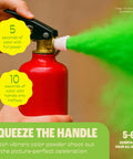 Next Level Party Color Blasters Fire Extinguisher Style Powder Cannon For Gender Reveals And Holi Bash Squeeze Handle Trigger spraying green powder.