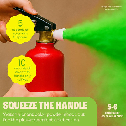 Next Level Party Color Blasters Fire Extinguisher Style Powder Cannon For Gender Reveals And Holi Bash Squeeze Handle Trigger spraying green powder.