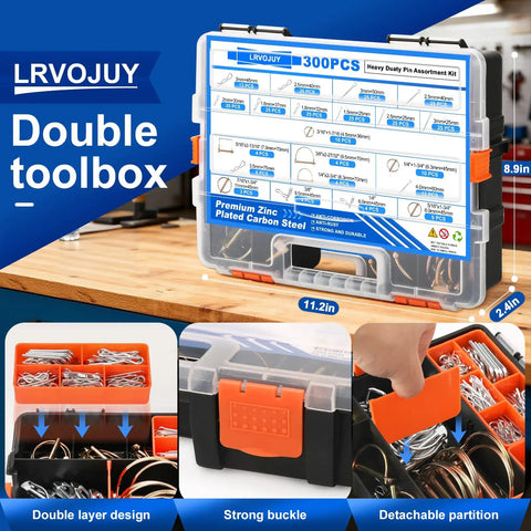 Heavy Duty Pin Kit 300Pcs Set toolbox with compartments and labeled pin assortment chart on wooden table