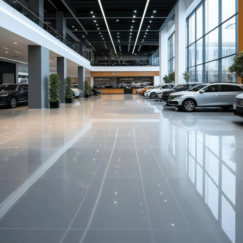 Kick Ass Heavy Duty Low Foam Auto Floor Cleaner Industrial Strength Concentrate used on a shiny polished concrete car showroom floor.
