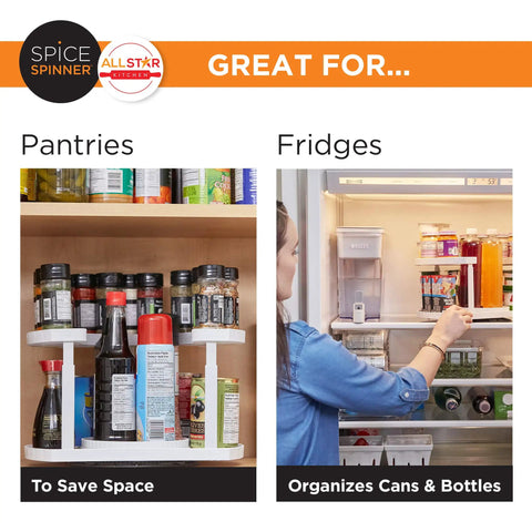Two Tier Spice Spinner Organizer With Dual Spin Turntables in pantry and fridge spaces for cabinet space saver use
