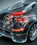 Transparent car showcasing V8 Engine Model Kit That Runs With Motorized Pistons, Car Engine Building Blocks Set For STEM Learning