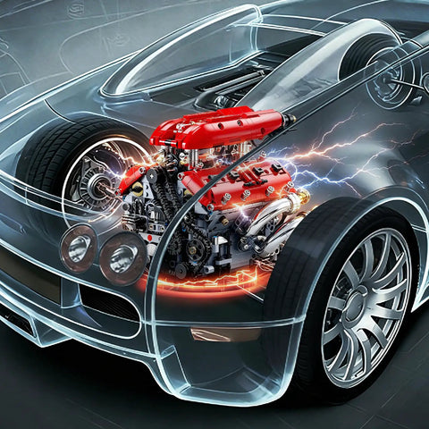 Transparent car showcasing V8 Engine Model Kit That Runs With Motorized Pistons, Car Engine Building Blocks Set For STEM Learning