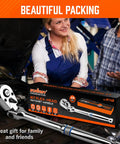 Beast Three Eighths Inch Drive Flex Head Ratchet With Ninety Tooth Gear box displayed by a smiling woman by a car engine