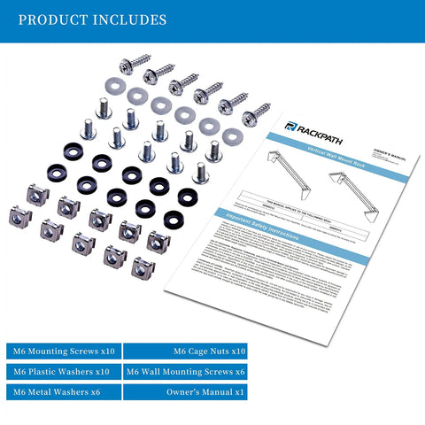 Product includes M6 screws, cage nuts, and washers with owner's manual for 2U Vertical Wall Mount Rack Beefy Heavy Duty 125lbs Capacity Bracket