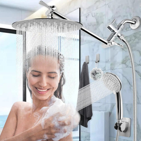 Solid Brass G One Half Inch Shower Arm With All Metal Universal 3-Way Diverter Valve No Leak For Handheld And Fixed Shower Heads Chrome Finish Replacement Adapter Kit shown with overhead and handheld shower in bathroom
