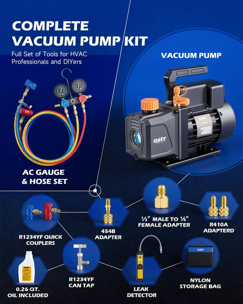 Top Shelf 4 Cfm Ac Vacuum Pump With Manifold Gauge Set And Digital Leak Detector For R1234yf R454b R410a R32 Auto Air Conditioning Repair Kit with tools and accessories.