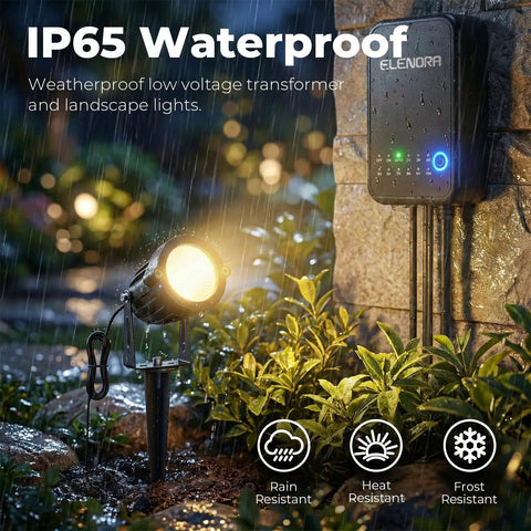 All In One Low Voltage Landscape Lighting Kit With 8 Waterproof LED Spotlights, 80 W Transformer mounted on wall