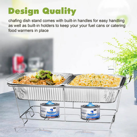 Chafing Wire Rack Buffet Stand 12 Pack Full Size Racks with serving trays and fuel cans, catering supplies for parties.