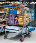 Smooth Rolling Five Inch Cart Wheels Replacement Kit Contains Five Sixteen Inch Axle Silent Rubber Caster Treads, cart loaded with groceries.