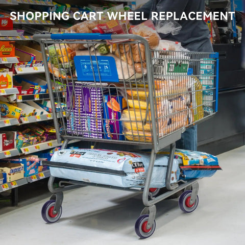 Smooth Rolling Five Inch Cart Wheels Replacement Kit Contains Five Sixteen Inch Axle Silent Rubber Caster Treads, cart loaded with groceries.