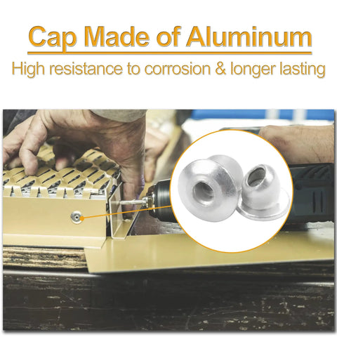 All In One Aluminum Rivet Kit With 190 Pieces In 8 Sizes, Blind Rivets For Metal with close-up of aluminum cap in use.
