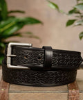 Men's Leather Belt 1.5 Inch Wide For Work Casual And Dress Black Brown Or Caramel Tan Colors Durable Everyday Belt For Men With Comfortable Fit Easy To Adjust For The Perfect Fit in black with intricate pattern and silver buckle