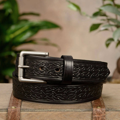 Men's Leather Belt 1.5 Inch Wide For Work Casual And Dress Black Brown Or Caramel Tan Colors Durable Everyday Belt For Men With Comfortable Fit Easy To Adjust For The Perfect Fit in black with intricate pattern and silver buckle