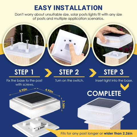 Installation steps for Easy Install Solar Post Lights For Fence Deck And Patio, 30 LED Warm White Post Cap Lights, weatherproof design