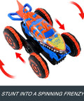 Monster Trucks Remote Control Tiger Shark Climber RC Vehicle with Grip Action Tires spinning stunt mode illustration.