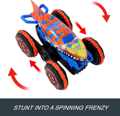 Monster Trucks Remote Control Tiger Shark Climber RC Vehicle with Grip Action Tires spinning stunt mode illustration.