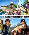 Four anglers showcasing various fish caught with Spinner Lures Kit 32 Piece Spinner Baits For Bass And Trout.