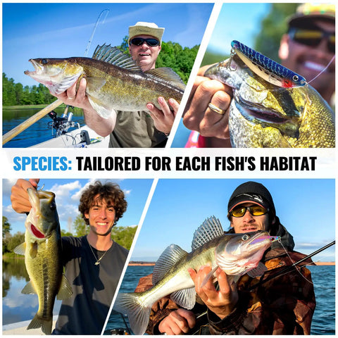 Four anglers showcasing various fish caught with Spinner Lures Kit 32 Piece Spinner Baits For Bass And Trout.
