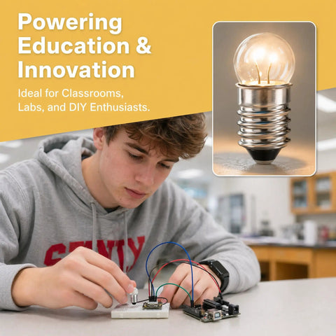 Top Shelf E10 Miniature Light Bulbs Offering Hella Reliable Warm White Glow for Your Home Lab or Flashlight Fixes, student using a circuit board.