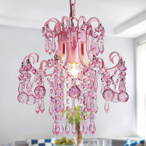 Modern Pink Mini Crystal Chandelier For Princess Rooms And Small Spaces, Chic Hanging Light Fixture with crystals and E26 Socket