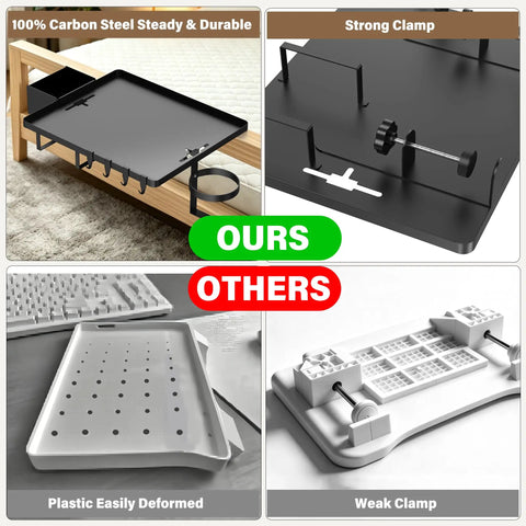 Built Different Solid Carbon Steel Bedside Shelf Clip On Floating Organizer with cup holder and strong clamp, comparing to plastic option.
