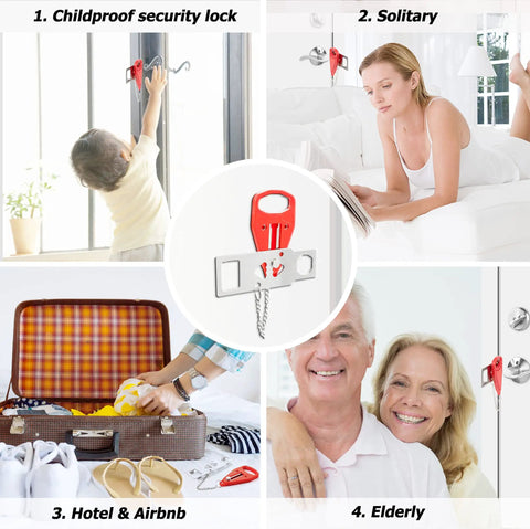 Portable Door Lock Set For Extra Privacy And Security, 2 Pack shown in various use cases: childproofing, solitary, travel, and elderly safety.