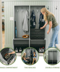 Open Design Storage Locker With Benches And Shoe Cubbies Freestanding Cabinet With Metal Hooks Weather Resistant And UV Protected Organizer in use in a mudroom with sports gear and shoes.