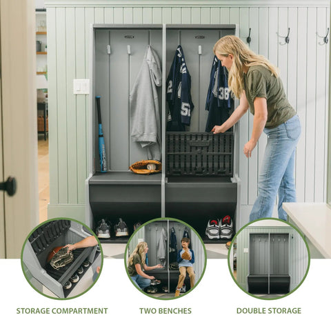 Open Design Storage Locker With Benches And Shoe Cubbies Freestanding Cabinet With Metal Hooks Weather Resistant And UV Protected Organizer in use in a mudroom with sports gear and shoes.