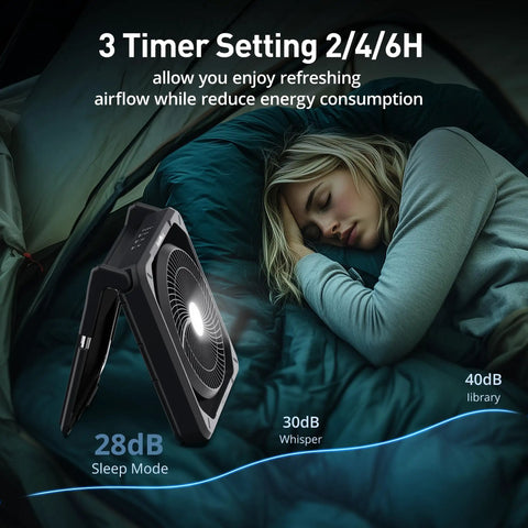 11.5 Inch Portable Solar Powered Fan With Battery Backup For Camping Outdoor Travel Includes Solar Charger Timer And Lantern Perfect For Sleeping In Tents Cars Beaches Or During Hurricanes Keeps You Cool Anywhere depicted in tent with sleeping person.