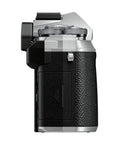 Side view of Rugged Micro Four Thirds Weather Sealed Camera With 5 Axis Image Stabilization, textured grip, silver top.