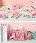 Before and after of Must Have 11 Pcs Pink Office Supplies Set With Desk Organizer, Pencil Holder, Stapler, Tape Dispenser, and more.