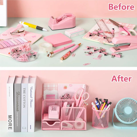 Before and after of Must Have 11 Pcs Pink Office Supplies Set With Desk Organizer, Pencil Holder, Stapler, Tape Dispenser, and more.