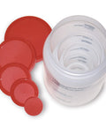 Hands-On Liquid Measuring Set For Kids, 19-Piece Classroom Lab Kit with red lids and nested measuring containers for science experiments.