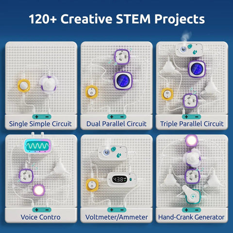 Hands On Circuit Building Kit For Kids With 120 Plus Projects, STEM Toys For Ages 8 To 13, Learn Electronics, Build Real Circuits, Kid Friendly And Absolutely Awesome STEM Activities That Grow With Your Child. 6 circuit boards with lights and switches