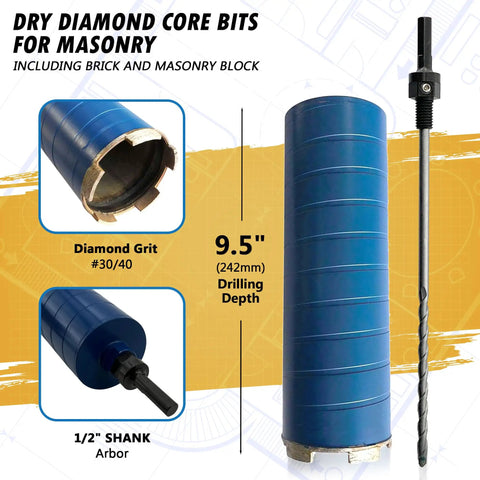 4 Inch Dry Diamond Core Drill Bits For Brick And Block With One Half Inch Shank Pilot Bit Adapter Nine Point Five Inch Drilling Depth Five Eighth Inch Eleven Arbor Wet Or Dry Masonry Drill Bit Set Built Tough For Fast Clean Holes