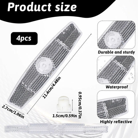 Diagram showing 4 Pack Bike Wheel Reflectors For Night Riding Bicycle Spoke Reflectors with dimensions and features.