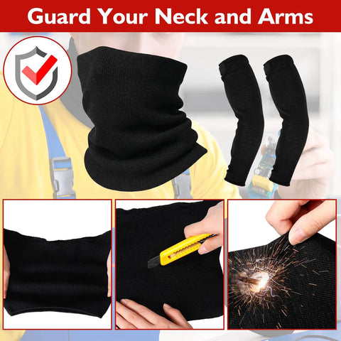 Heavy Duty Welding Sleeves And Neck Guard Set Built Tough for Cut Heat and Flame Defense shown with close-ups and usage examples.