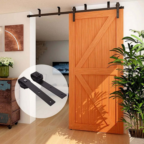 Ceiling Mount Sliding Barn Door Hardware Kit For Low Ceiling Spaces With L Shape Bracket System Fits 36 Inch Wide Single Wood Doors Heavy Duty Carbon Steel Hangers Supports Up To 220 Lb Per Door installed on wooden door