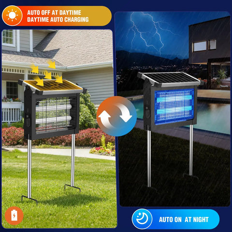 Cordless Outdoor Solar Bug Zapper With 4500V Grid Waterproof Mosquito Killer Rechargeable Solar Panel