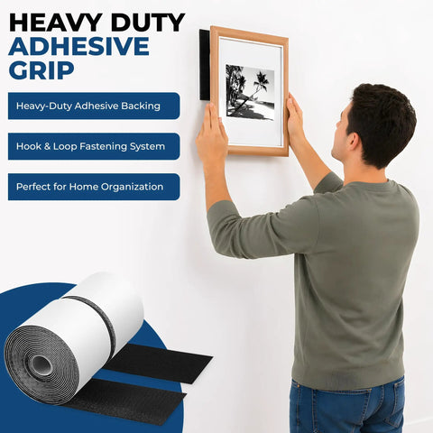 Rock Solid Heavy Duty Hook And Loop Tape Black Self Adhesive Fastener Strips applied to secure a picture frame on the wall.