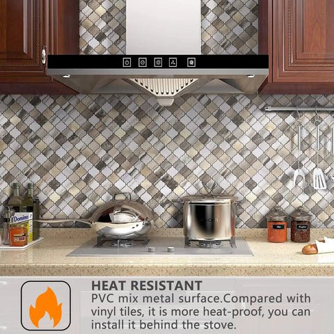 Arabesque Peel And Stick Backsplash Tile For Kitchen And Bathroom Carrara White Marble Look PVC Aluminum Mosaic Sheets 10 Pack Durable And Easy To Install With Super Strong Adhesive, installed behind stove with cookware
