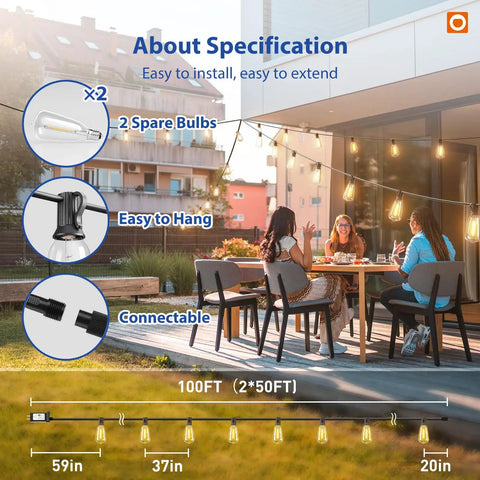 Backyard with 100 Ft LED outdoor string lights, showing 2 spare bulbs, easy hanging, connectable features, and patio setup