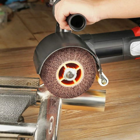 Person using Non-Woven Wheel 120x100mm Set For Metal Polishing, Wire Drawing Satin Finish on stainless steel