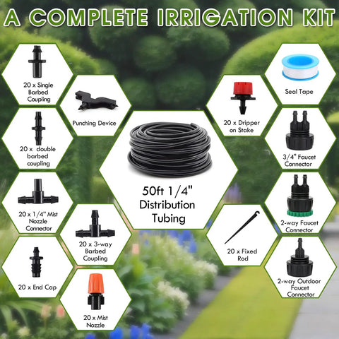 Components of Drip Irrigation Kit For Garden And Greenhouse With 1/4 Inch Tubing Automatic Watering System to Save Water